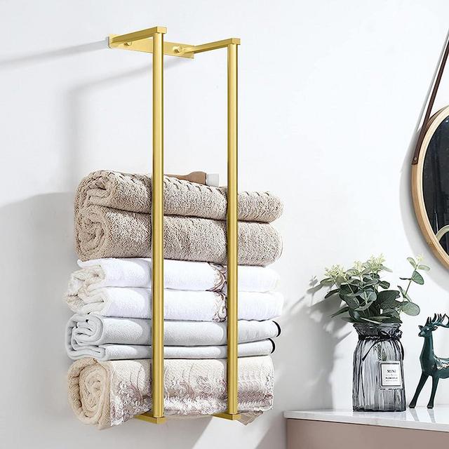 Towel Racks for Bathroom, Towel Racks for Bathroom Wall Mounted, Wall Mount Towel Rack for Storing Towels, Robes, Bathroom Towel Rack with Hooks for Small Space Bathroom Towel Storage, Gold