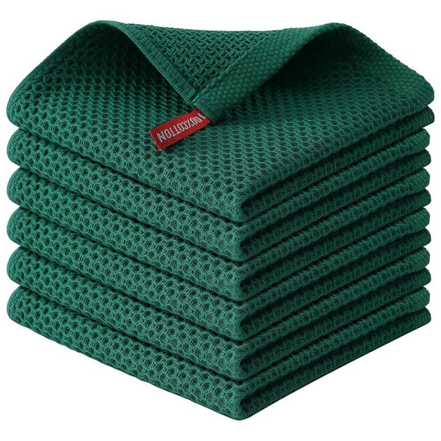 Kitinjoy 100% Cotton Kitchen Dish Cloths, 6 Pack Waffle Weave Ultra Soft Absorbent Dish Towels for Drying Dishes Quick Drying Kitchen Towels Dish Rags, 12 X 12 Inches, Dark Green