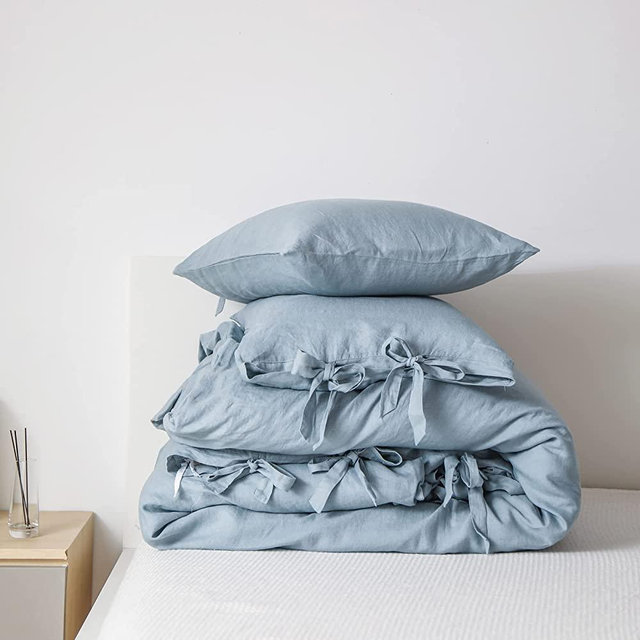 Simple&Opulence 100% Linen Duvet Cover Set, 3 Piece Belgian Flax Breathable Bedding, Queen Size 88''x92'' (1 Comforter Cover+2 Pillowshams) with Tie Closure Style, Dusty Blue