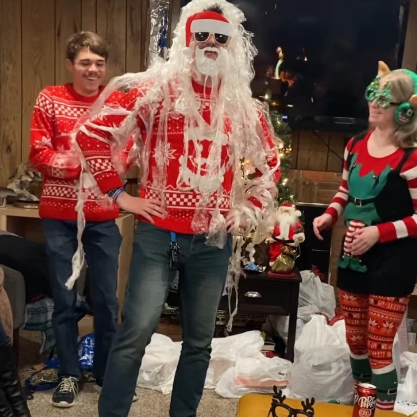 Snowy dressed Shane up with all the plastic wrap from a game at their Monday night group’s Christmas party.