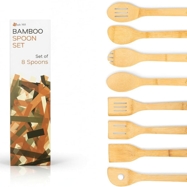 MAPLE MILL - Bamboo Spoons for Cooking - Set of 8 Spoons - Wooden Cooking Spoons - Non-toxic & Organic Bamboo Cooking Utensils with Spoon Set & Spatula - Premium Kitchen Utensils