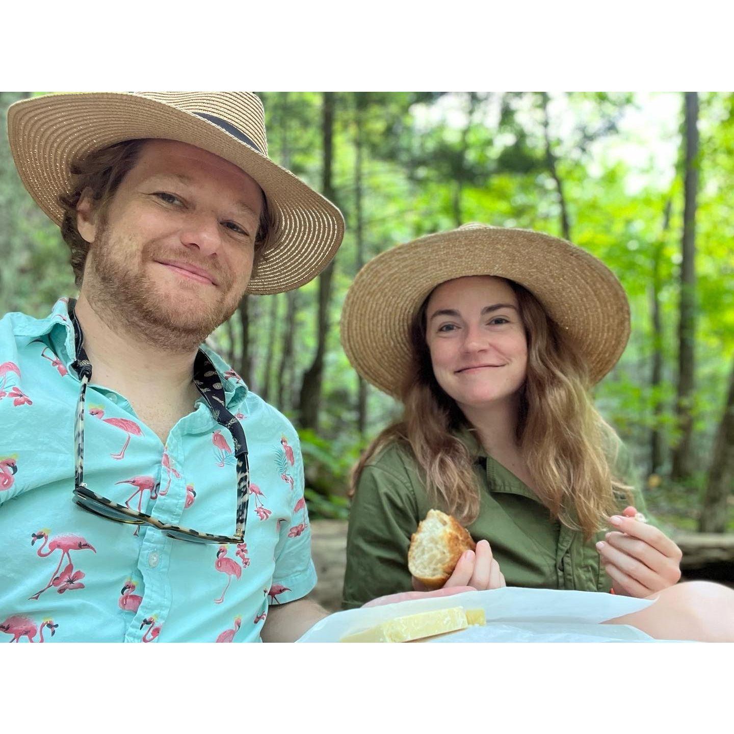 We love fresh baguettes and white cheddar cheese. Here we are enjoying it in front of the Rosendale  trestle bridge.