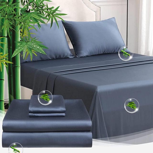 ZonLi Queen Luxury Bamboo Bed Sheet Set 4 Piece Soft & Cooling Natural Bamboo Fiber - Shrinkage & Fade Resistant Fits 13''-18''Deep Pocket for Bedroom Hotel Apartment Bed Sheets(Queen,Blue)