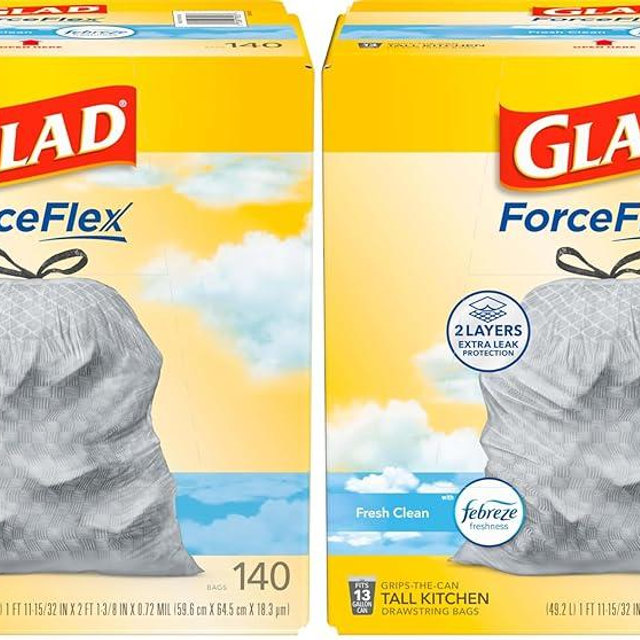 Glad ForceFlex Tall Kitchen Trash Bags, 13 Gallon, Fresh Clean, (Package May Vary),140 Count (Pack of 2)
