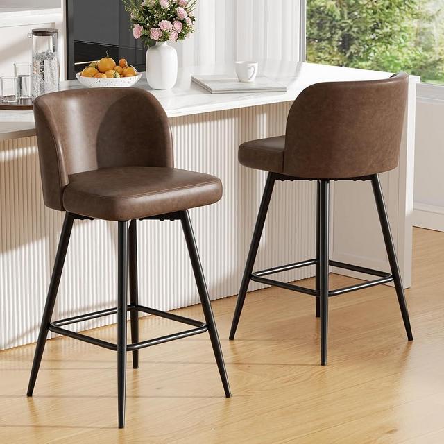 YUUIJOAA Swivel Bar Stools Set of 2, 26" Counter Height Bar Stools with High Back and Metal Legs, Faux Leather Bar Chairs, Modern Barstools for Kitchen Island, Brown