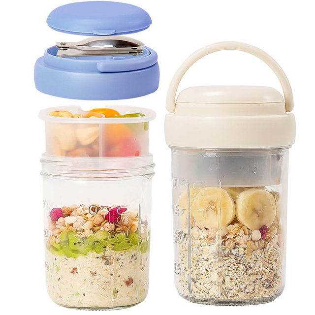 UWILLION 2 Pack Overnight Oats Containers with Lids and Handles, Folding Spoons & Divided Compartments for Fruit & Nuts, 16oz Glass Mason Jars for Oatmeal, Meal Prep & Breakfast (Cream/Deep-Blue)