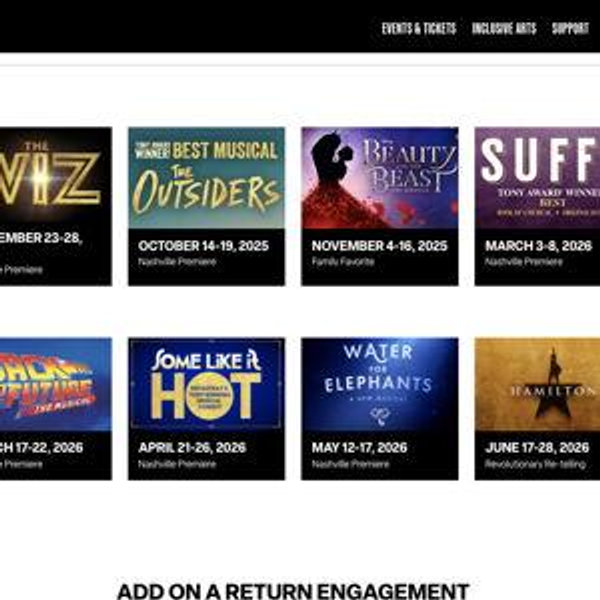 2x Season Tickets to TPAC Broadway Series