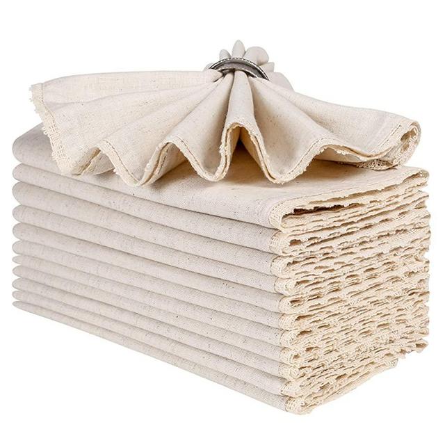 12 Pack Cotton Flax Cloth Dinner Napkins - 20x20 Inches, Decorative Napkin with Lace, Soft Absorbent Comfortable - Ideal for Events and Regular Home Use - Natural