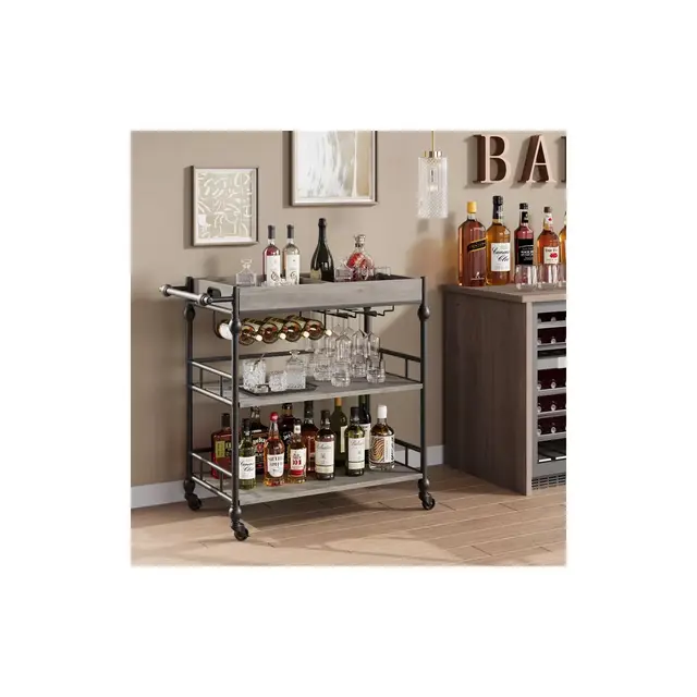 Bar Cart, Bar Carts for the Home, 3 Tier Serving Cart with Wheels, Metal Cart with Wine Rack & Removable Tray for Kitchen, Dining Room-Grey