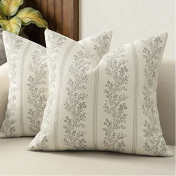 Vintage Throw Pillow Covers 26x26 Set of 2, Striped Floral Pillow Cover Botanical Patterned Decorative Cushion Covers Modern Farmhouse Home Decor for Sofa Couch Bed Living Room, Light Taupe