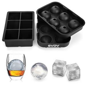 GVDV Silicone Ice Cube and Ball Trays Combo (Set of 2), Sphere Ice Ball Maker with Lid & Large Square Molds, Reusable & BPA Free