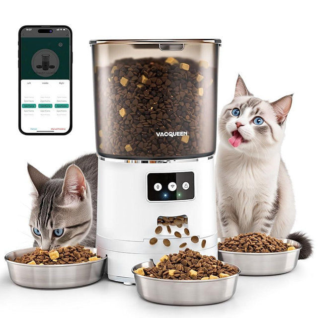 Vacqueen Automatic Cat Feeder for 3 Cats, 6L/25 Cups Smart WiFi Pet Feeder, Strong Anti-Jam System, Dual-Effect Desiccant Cat Food Dispenser, with 10S Voice Recorder for Cats and Small Dog(White)