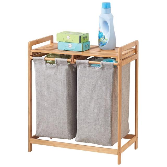 mDesign Large Freestanding Portable Bamboo Double Laundry Basket Hamper Organizer - Easy Carry Removable Storage Sorter Bag with Handle for Folding Clothes, Space Saving Laundry Hamper, Natural Finish