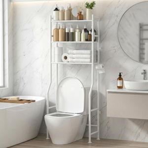 3-Tier Over Toilet Storage with Anti-Tilt Safety System - 150lb Total Capacity Metal Bathroom Shelves Including Paper Holder & 4 Hooks, Space Saving Above Commode Organizer (64" H, White)