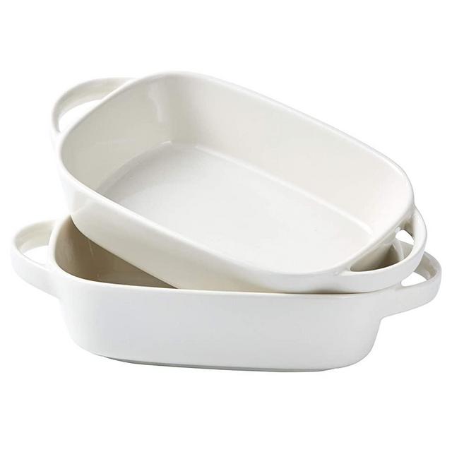 Bruntmor Ceramic 8.5"x6" Baking Dish for Roasting And Lasagna Pan, Oven safe, Set Of 2 Casserole Bakeware with Handle Rectangular Dish, 34 Oz. White