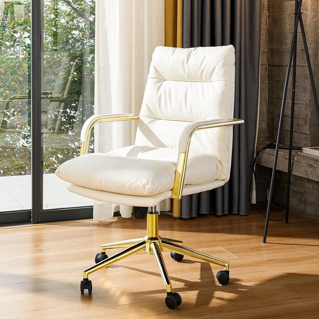 Leather Home Office Desk Chair, Executive Comfy Desk Chair with Support Armrests, Swivel Wheels, Height Adjustable, Mid Back, 360 Swivel, Computer Chair for Office Room, White