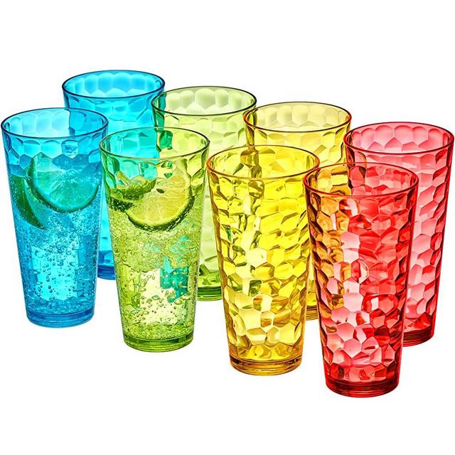 Amazing Abby - Iceberg - 24-Ounce Plastic Tumblers (Set of 8), Plastic Drinking Glasses, Mixed-Color High-Balls, BPA-Free, Shatter-Proof, Dishwasher-Safe