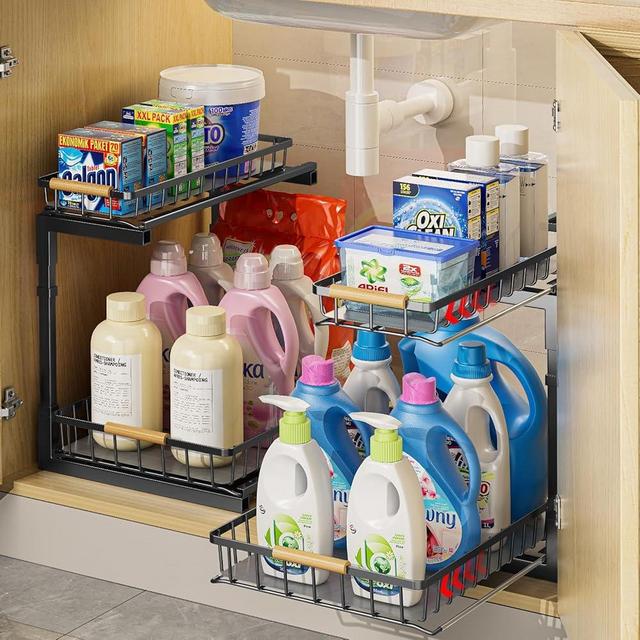Delamu 2 Pack Metal Under Sink Organizer, 10.7" Width Pull Out Cabinet Organizer, 2 Tier Slide Out Under Sink Storage Shelf, Undersink Organizers Shelves for Kitchen Bathroom Pantry Organization