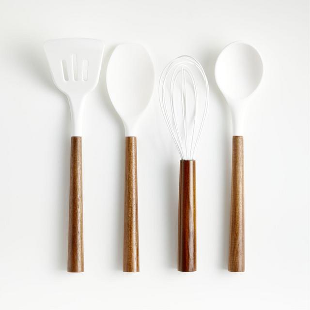 White Silicone and Acacia Utensils Gift Set