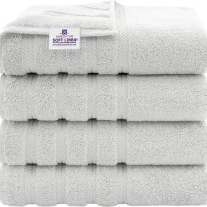 American Soft Linen Luxury 4 Piece Bath Towel Set, 600 GSM 100% Cotton Turkish Bath Towels for Bathroom, 27x54 in Large Bathroom Shower Towels, Silver Grey