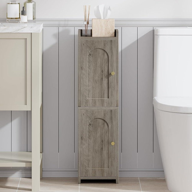 Hzuaneri Bathroom Storage Cabinet, Small Corner Floor Cabinet with 2 Doors and Adjustable Shelf, Narrow Toilet Paper Cabinets, Bathroom Organizer for Small Spaces, 7.9" D x 7.9" W x 29.5" H Greige