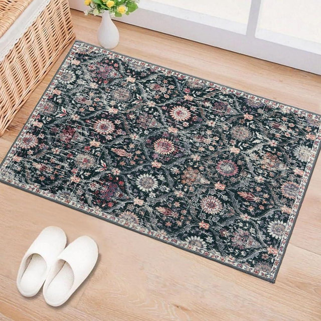 Lahome Moroccan Trellis Entryway Rugs Indoor, 2x3 Black Rug Non Slip Kitchen Rugs, Soft Ultra-Thin Indoor Door Mat Durable Vintage Throw Rug for Bathroom Bedroom Kitchen Laundry (Black/Multi,2x3ft)