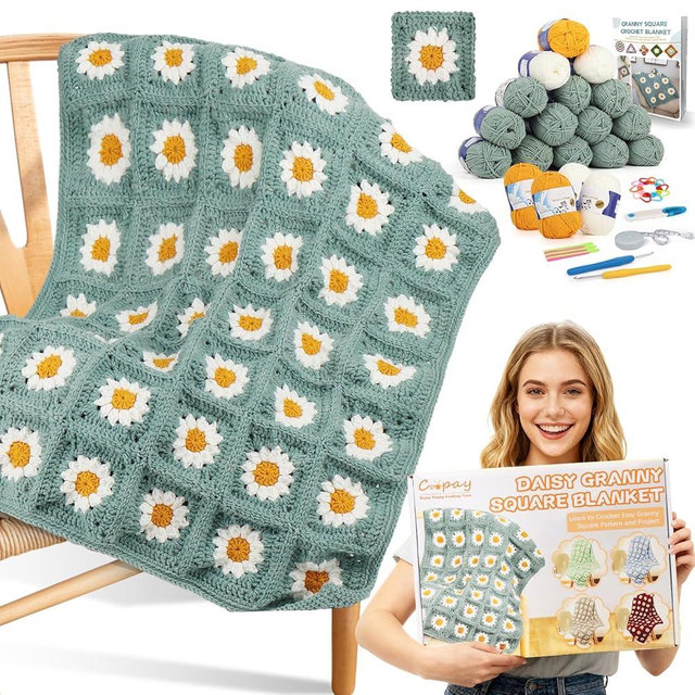 Coopay Crochet Kit for Beginners, Crochet Starter Kit for Blanket, Granny Squares Video Instructions, Easy to Learn Knitting for Beginner