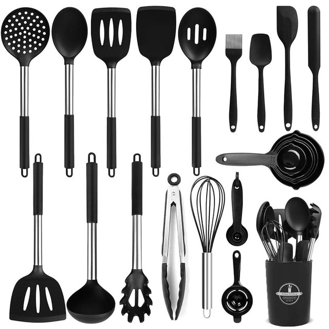 KSENDALO Silicone Cooking Utensils Set of 26, Heat Resistant Kitchen Utensils Set of Spatulas, Spoons, Whisk, Tong, Non Toxic Black Kitchen Tool Set with Holder for Nonstick Cookware, Dishwasher Safe