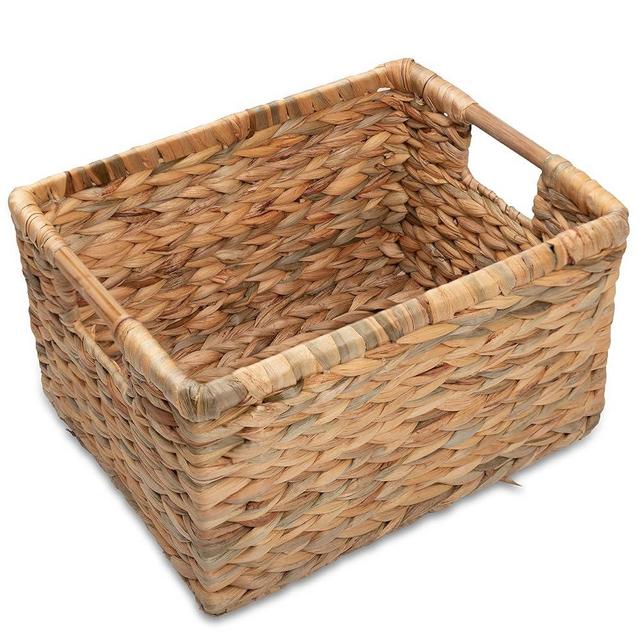 VATIMA Large Rectangular Wicker Basket with Wooden Handles for Shelves and Storage - Natural Water Hyacinth Basket for Organizing, 14.5 x 10.3 x 7.5 inches
