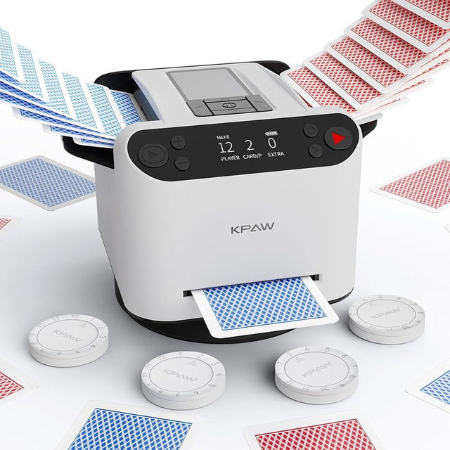 KPAW Automatic Card Shuffler and Dealer - 1-2 Decks Support 12 Players, 4 Drawing Remotes, Auto Post-Shuffle Deal, Consecutive/Random Dealing, for Poker, Blackjack, UNO, Phase 10, Five Crowns (White)