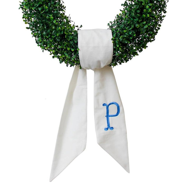 Monogram Wreath Sash for Front Door, White Embroidered Linen Wreath Sash, Porch Accessory for Xmas Party Yard, Wedding, and Boxwood Decoration, Indoor Outdoor Décor - (P)