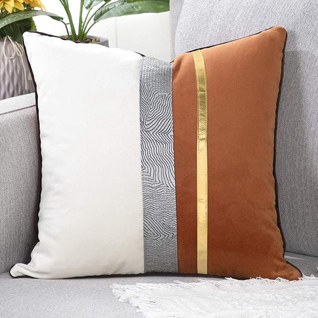 YAERTUN Patchwork Velvet Square Decorative Throw Pillow Cover with Gold Striped Leather Cushion Cases Modern Luxury Pillowcases for Couch Sofa Bed 16x16 Inches Orange