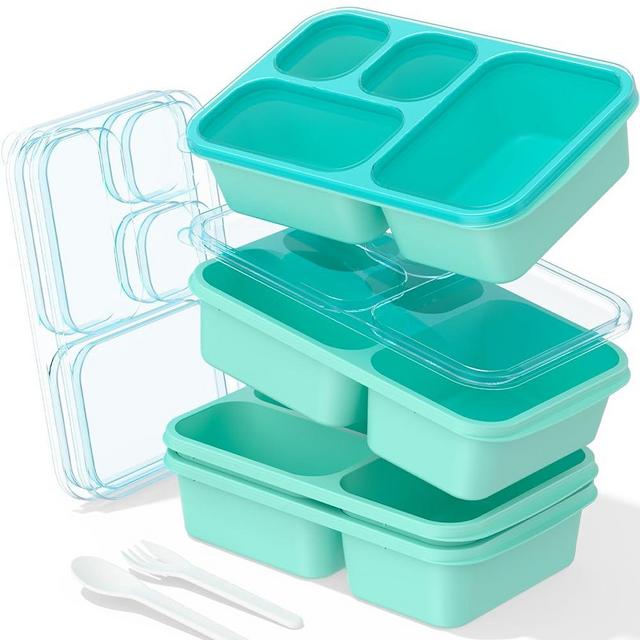 TEVIKE Bento Lunch Box for kids-4 Pack, Meal Prep Container Microwave Safe, Lunch Box of 4-Compartment, Bento Box Adult Lunch Box, Snack Box Containers (Transparent(Cyan))