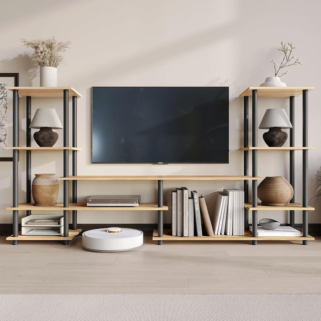 Castle Place Luxury 9-Tier Entertainment TV Stand with Open Storage Shelves for TVs up to 50", Media Console, Light Oak