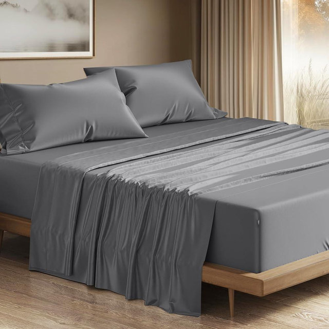 Thread Spread Egyptian Cotton Sheets King Size - 1200 Thread Count 4 PC King Sheets Set Egyptian Cotton, Luxury Sheets King Size, Silky Soft, Cooling Deep Pocket Sheets, Fits upto 19" - King Dark Grey