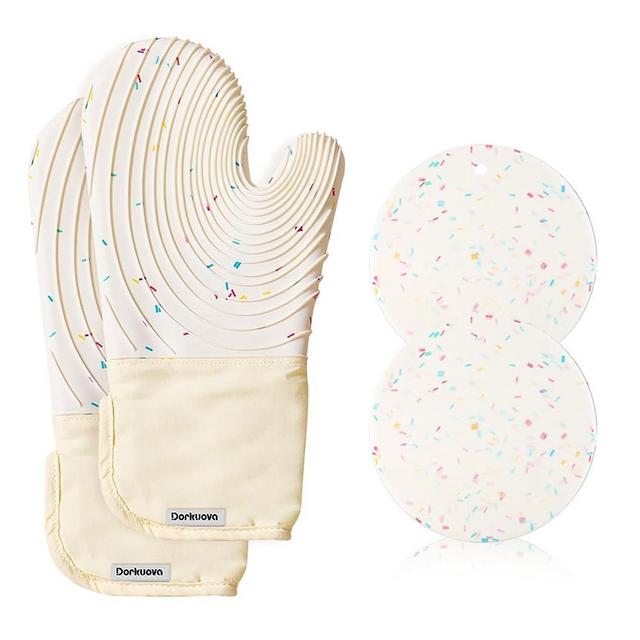Dorkuova Silicone Oven Mitt Pack,Cotton Lined Gloves, BPA-Free, Long Cooking Mitts and Trivet Mats, Silicone Grilling Gloves for BBQ, 4 Pieces (Milky White)