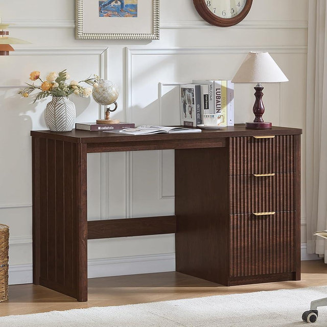 LEYAOYAO Office Desk 48" with 3 Drawers Storage File Cabinet Wood Fluted Desk for Computer Office Bedroom Home Furniture Walnut