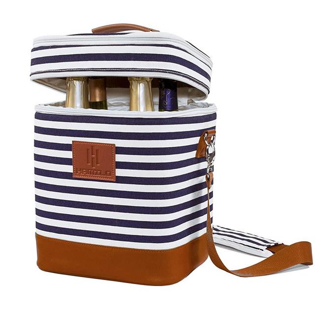 HAMILO 4 Bottle Wine Carrier, Waterproof and Leakproof Wine Tote Bag with Expandable Zipper and Padded Shoulder, Insulated Champagne Cooler Purse with Corkscrew Opener Holder (Stripe)