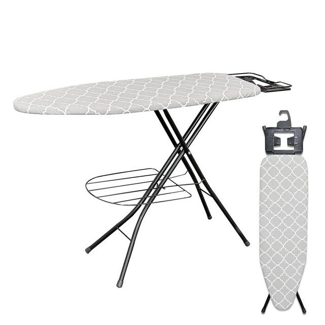 ZESTFULLIFE Ironing Board with Bottom Storage Tray, 7 Adjustable Heights with Smart Hanger, Space Saving Design, Thick Layer Pad, Ironing Board Cover with Durable Steel Legs, Easy Folding for Storage