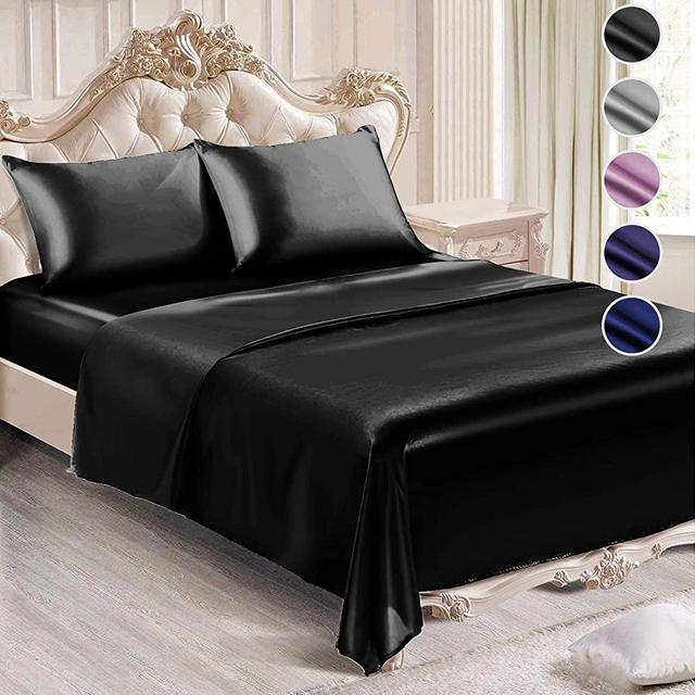 Satin Sheets Queen Size (4 Pieces, 5 Colors), Silky Satin Sheet Set -Satin Bed Set with 2 Pillowcase, Satin Fitted Sheet - Black Satin Sheets, Satin Bed Sheets Queen Set, Satin Bedding Set