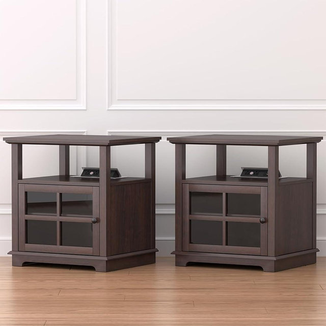 HIFYOBRO Living Room Side Table, 21''End Table Set of 2 with Charging Station for Bedroom, Farmhouse Rustic Wood Sofa Side Table Set of 2 with Large Storage, Brown