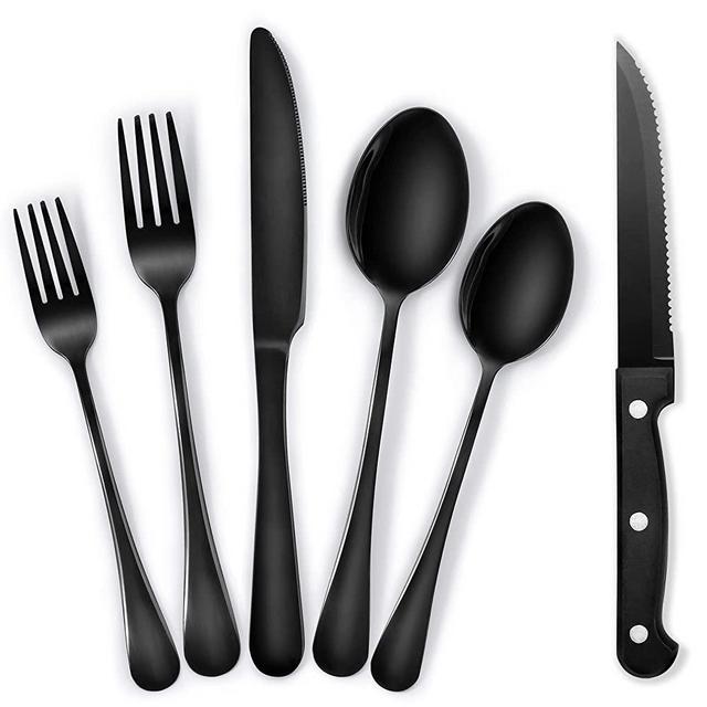 48 Pieces Matte Black Silverware Set with Steak Knives for 8, Stainless Steel Flatware Cutlery Set, Modern Eating Utensils Tableware, Mirror Finish, Dishwasher Safe