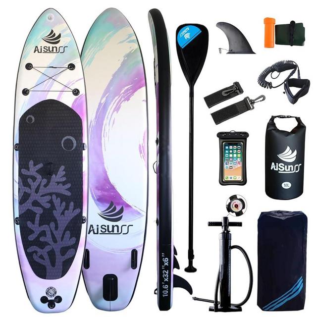 AISUNSS Inflatable Stand Up Paddle Boards with Premium SUP Paddle Board Accessories, 10L Waterproof Dry Bag Wide Stable Design,Extra Paddle Buckle Non-Slip Comfortable Deck for Youth & Adults