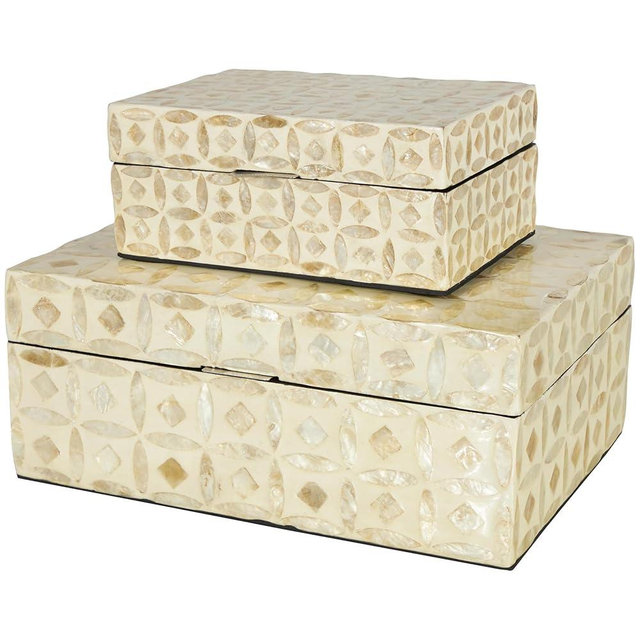 Deco 79 Mother of Pearl Shell Decorative Box Mosaic Storage Decorative Keepsake Boxes with Taupe Accents, Set of 2 Storage Boxes 12", 8"W, Beige