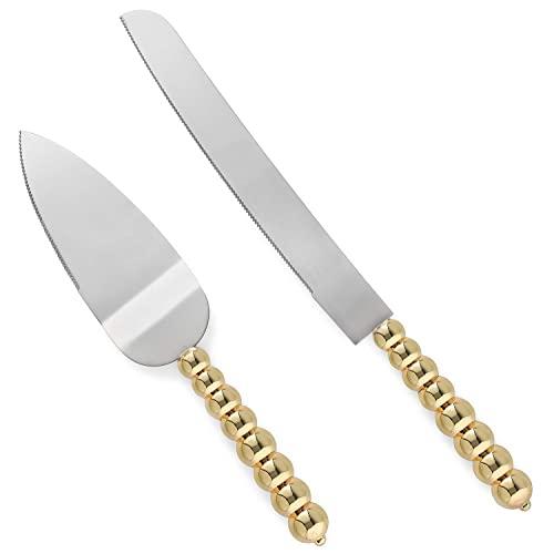 Homi Styles Wedding Cake Knife and Server Set | Elegant Gold Color with Beaded Handles & Premium 420 Stainless Steel Blades | Cake cutting set for Wedding Birthdays, Anniversaries, Parties