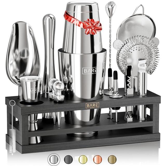 BARE BARREL® Mixology Bartender Kit Bar Set | 16-Piece Cocktail Shaker Set | Martini Barware Mixing Tools for Home Bartending | Incl. 35 Recipe Cards | Gift Set (28oz Boston Shaker, Silver/Black)