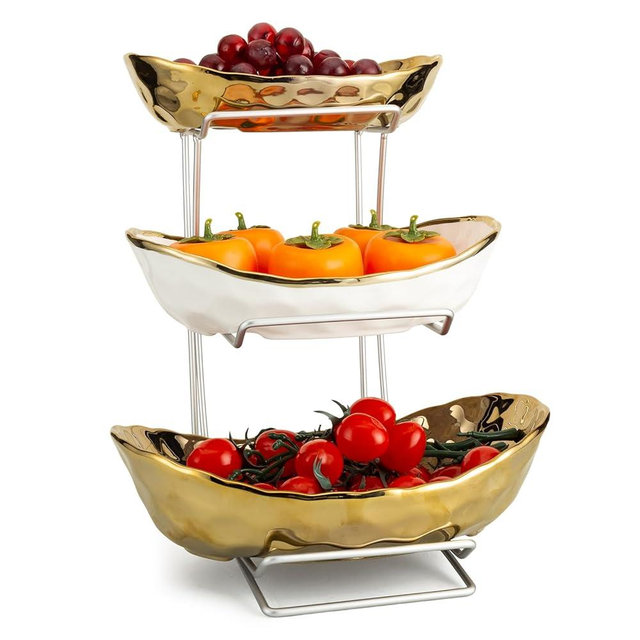 jessie 3 Tier Ceramic Fruit Basket for Kitchen Counter with Metal Stand, Fruit Bowls with Rack, Porcelain Bowls for Vegetable Bread Candy Snack Nuts Dessert Cake Tray (Gold Triple Layer)