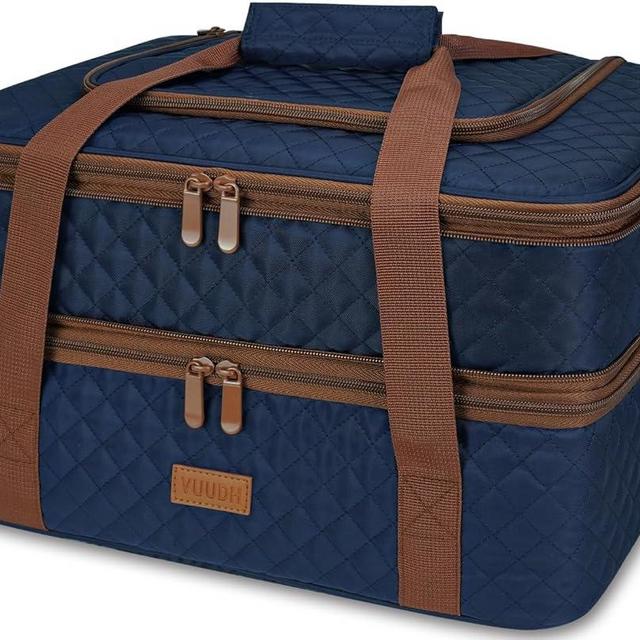 Vuudh Quilted Insulated Double Casserole Carrier - Thermal Lunch Tote for Potluck Parties, Picnic, Beach, Fits 9 x 17 Inches Baking Dish, Casserole Dish, Expandable (Blue)