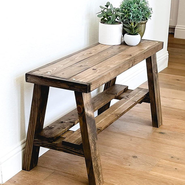 Intrinsic Haven Farmhouse Entry Bench, Solid Pine Wood, 36W x 20.5H x 12D inches, with Storage Shelf (Dark Walnut)