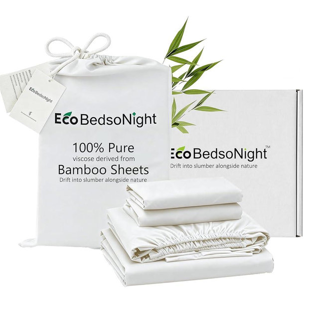 EcoBedsoNight 100% Viscose Derived from Bamboo Sheets Queen Size, Soft & Cooling Viscose from Bamboo Sheets Set, Organically Grown,Breathable & Soft Deep Pocket Up to 18 Inches(White)